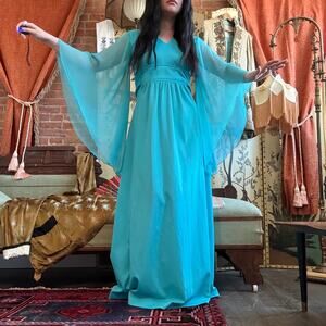 Vintage 70s Blue Butterfly Sleeve Maxi Dress